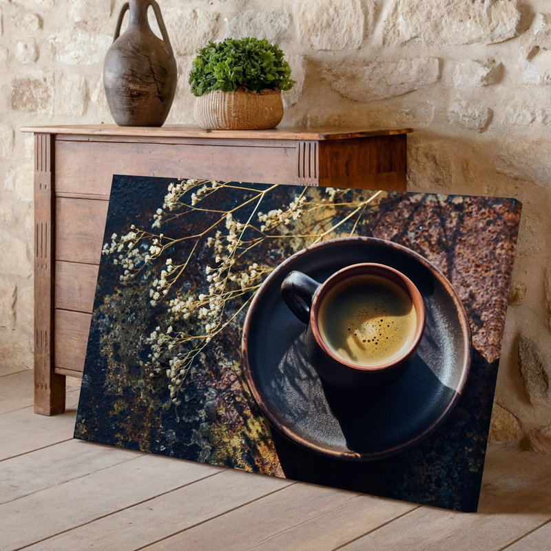 Toile vue de haut en bas d'une scène de café rustique avec art mural Une petite tasse en céramique foncée remplie de café fumant riche pour toile