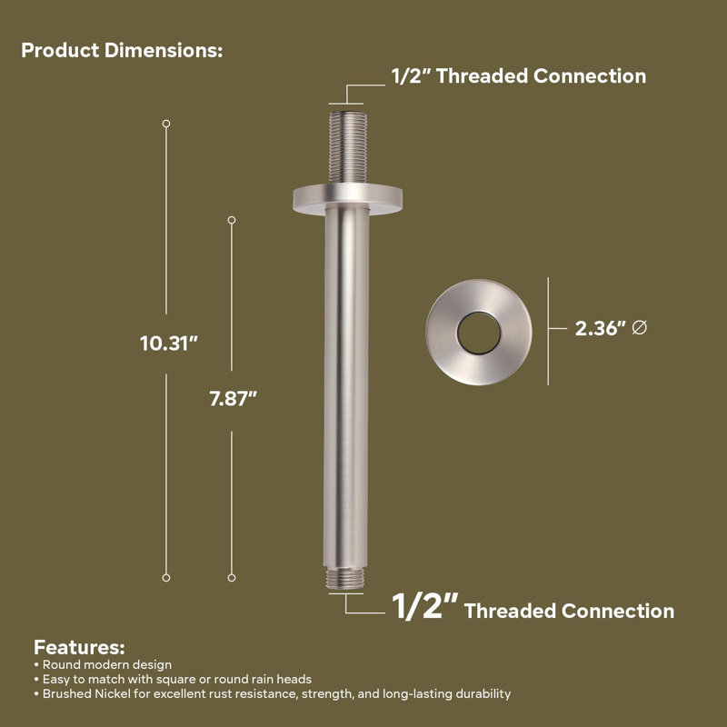 10 Inch Straight Ceiling Mount Shower Arm with Flange, Round Shower Arm for Rain Showerhead, Nickel