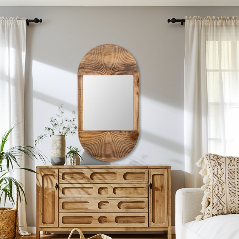 Mirror Mango Wood and Glass Arched Boho Design 34"x18"x1" Brown with Carved Woodgrain Texture for Home Office Bedroom Living Room Wall Decor Vertical Hanging Oval Frame Rustic Finish.