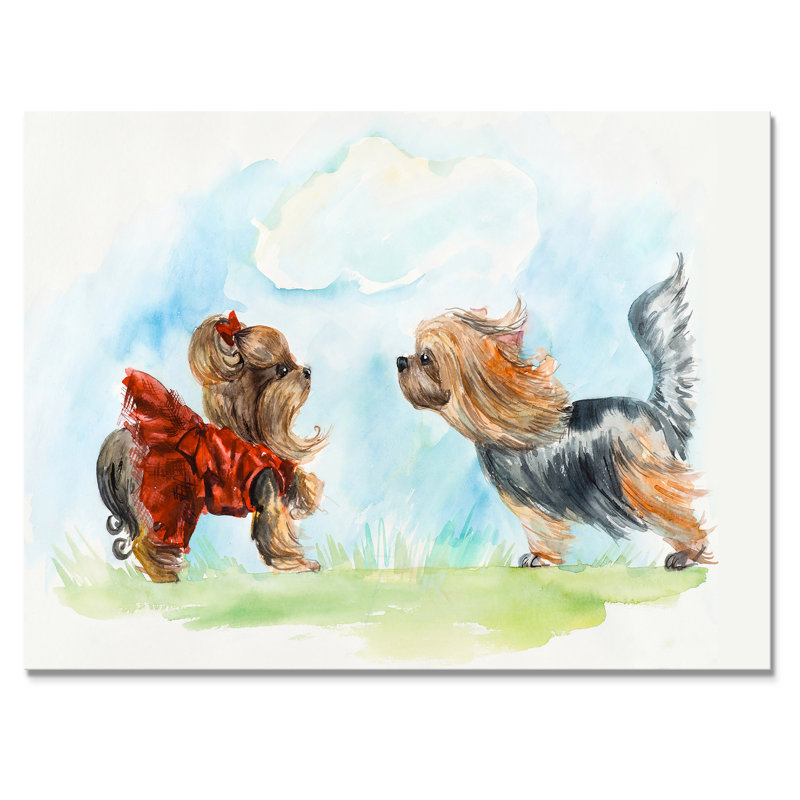 Yorkshire Terrier Dogs Meeting - peinture sur toile, H 30 po x l 40 po, Toile tendue