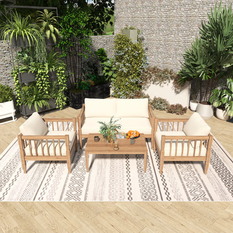 Ensemble de conversation de patio 4 pièces en bois avec coussin beige, Marron clair
