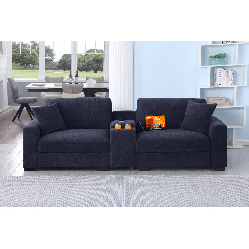 Upholstered Loveseat Couch with Cup Holder Usb Console, Dark Blue