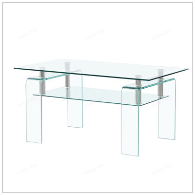 Table basse rectangulaire en verre transparent, centre de rangement moderne à 2 niveaux avec pieds en verre trempé et en métal pour le salon