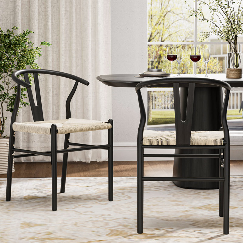 Wishbone Chair Solid Wood Y-Back Dining Chairs, Black/Beige