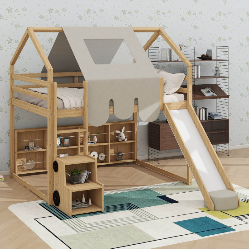 Lit mezzanine en bois avec cadre en forme de maison et auvent de style tente, Naturel / Beige, Lit double
