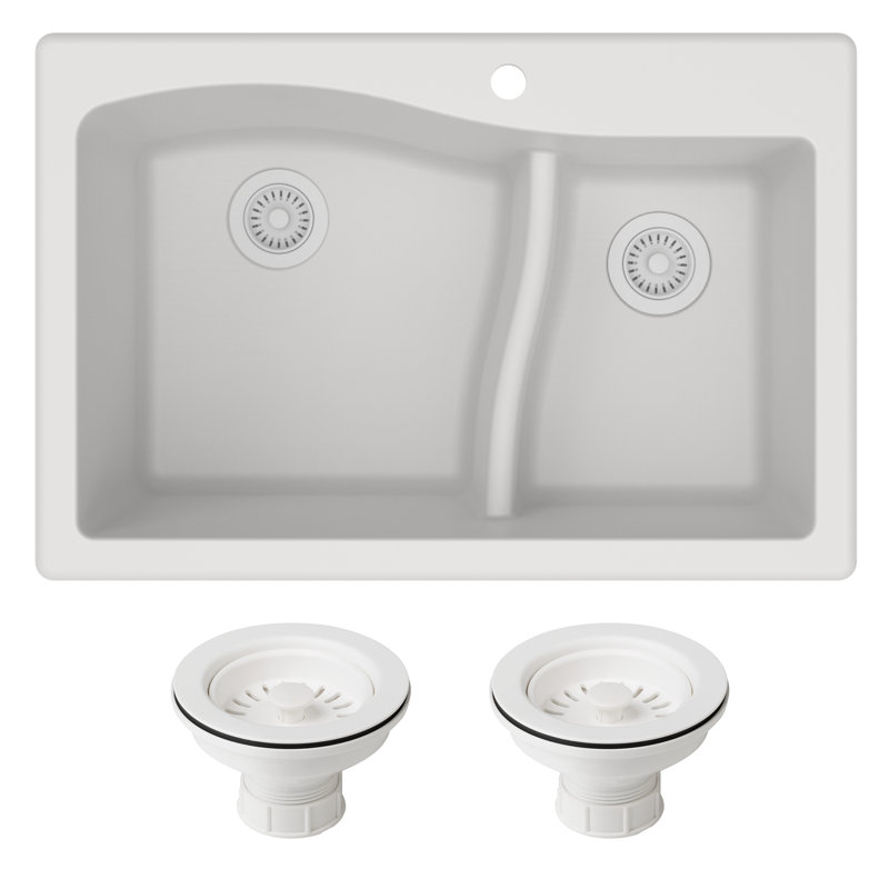 White Granite Dual Bowl Drop-In Kitchen Sink with Strainers
