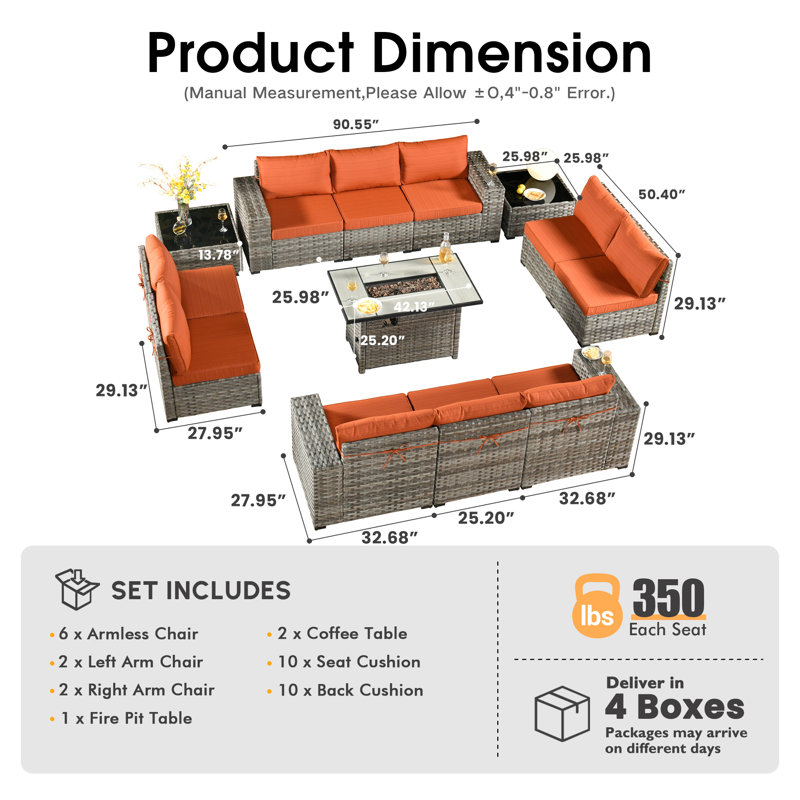 Evanna Wicker 10 - Person Patio Conversation Set with Cushions, Orange Red
