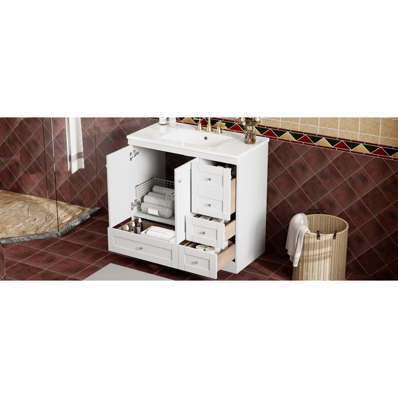 Armoire de salle de bain autoportante blanche 36 po avec lavabo en céramique et rangement à fermeture en douceur de style Shaker