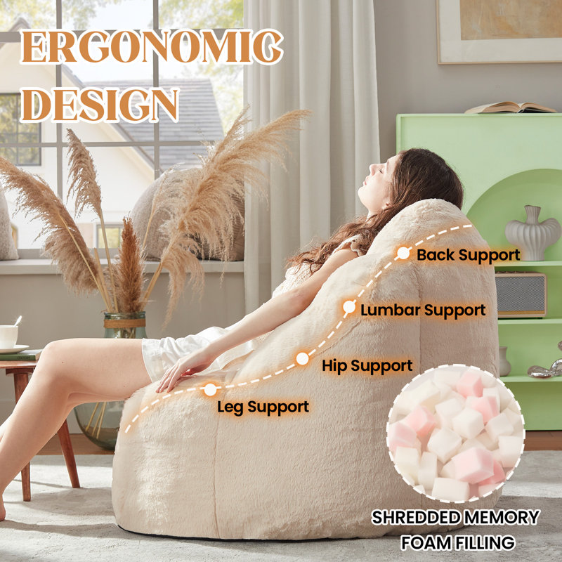 39" Cat Paw Bean Bag Chair with Side Storage Pocket, Plush Faux Fur and Memory Foam Filling, Beige Faux Fur