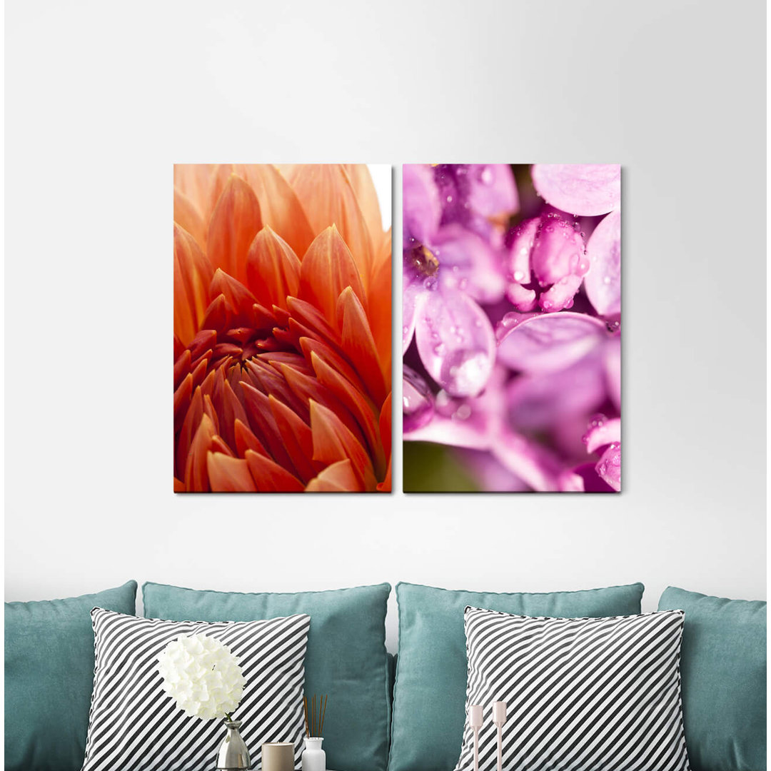 2-tlg. Leinwandbilder-Set - Fotografie „Dahlia Red Blossom Flowers Pink Summer Flowers Soft”