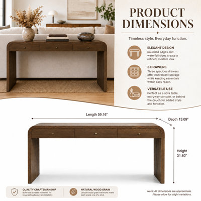 Walnut Curved Long Console Table, 3‑Drawer Entryway Sofa Table with Gold Pull Handles, Natural Ash Veneer MDF Storage Accent Table for Living Room, Hallway, Foyer