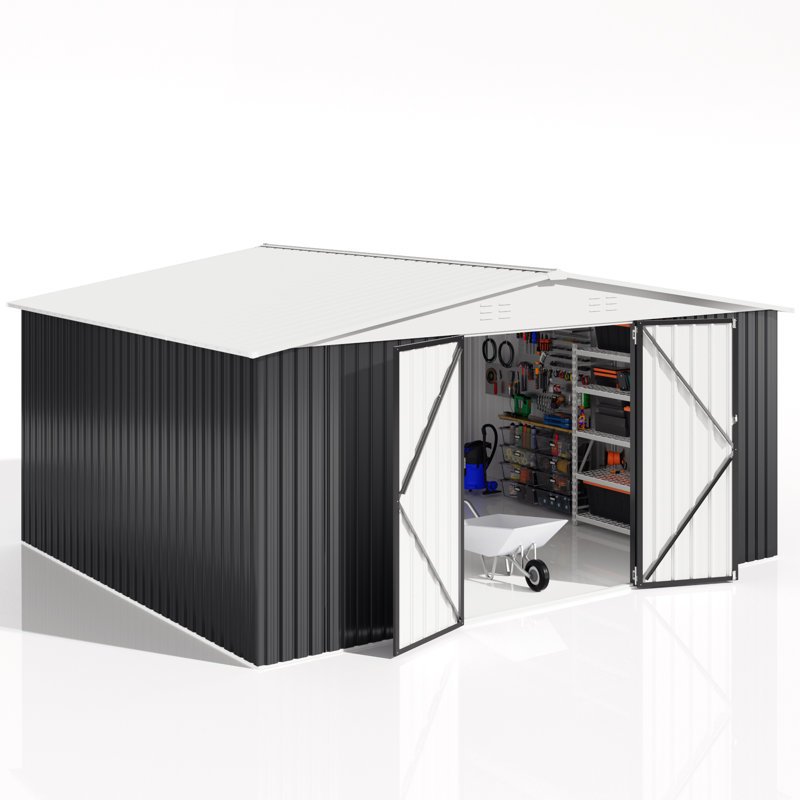 14 Ft. W x 12 Ft. D Outdoor Metal Storage Shed with Reinforced Steel Frame And Lockable Doors, Black/White