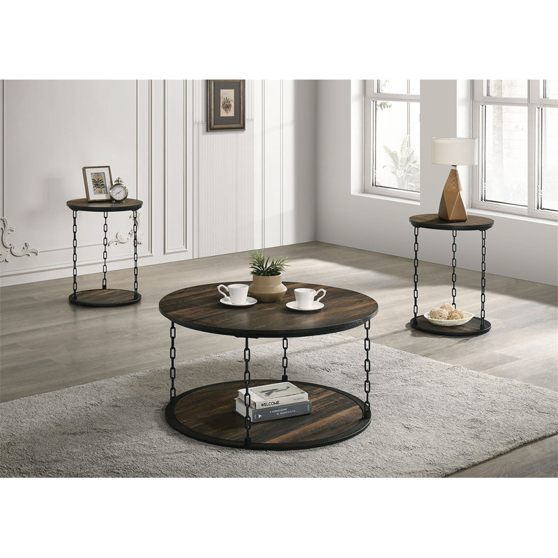 Ensemble de table rustique de style rustique 3 pièces 1 table basse 2 tables de bout décoratives à deux niveaux avec rangement brun foncé