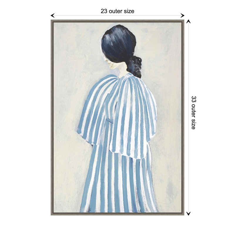 Blue Striped Dress Contemplative Woman Framed Canvas Art Print
