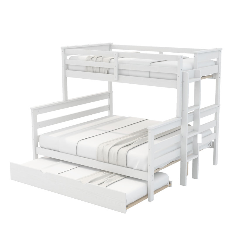 Wood Twin XL over Queen Bunk Bed with Trundle and Ladder,Can be Separated into 3 Beds,White, White