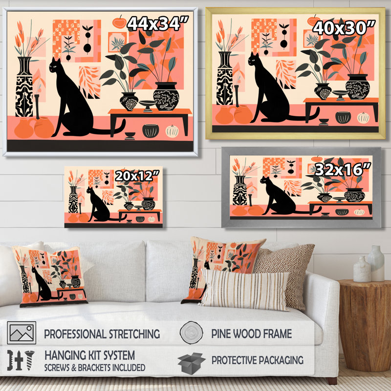 Chat noir en boho intérieur rétro Illustration I - chat, art mural, H 12 po x l 20 po x P 1 po