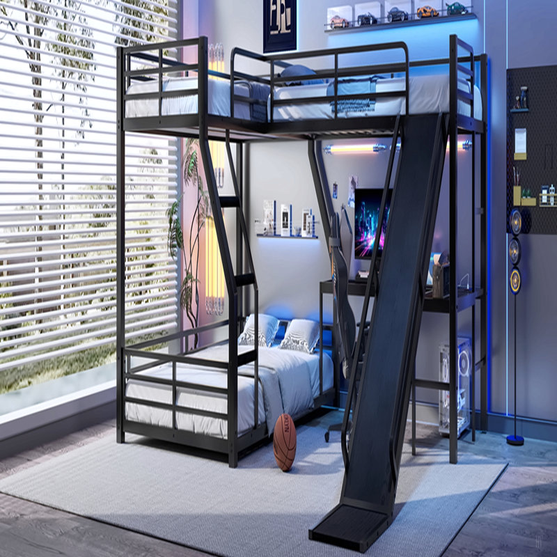 Lit superposé en L avec lit mezzanine, lit superposé triple en métal avec glissière et ports USB, conception peu encombrante et silencieuse