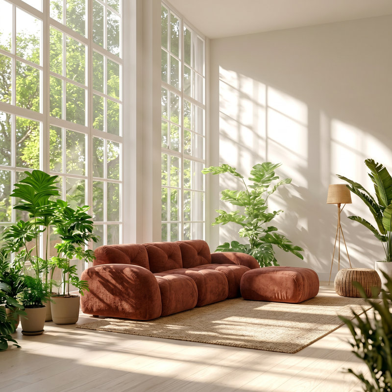 Aurelia 111" W x 43" D x 33" H Tufted Velvet Modular Sectional with Movable Ottoman, 29.9" H x 110.6" W x 67.3" D, Orange