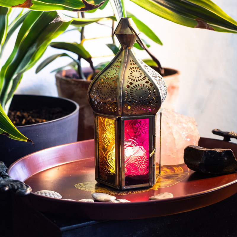 Lanterne hexagonale à dôme rose et jaune moyen