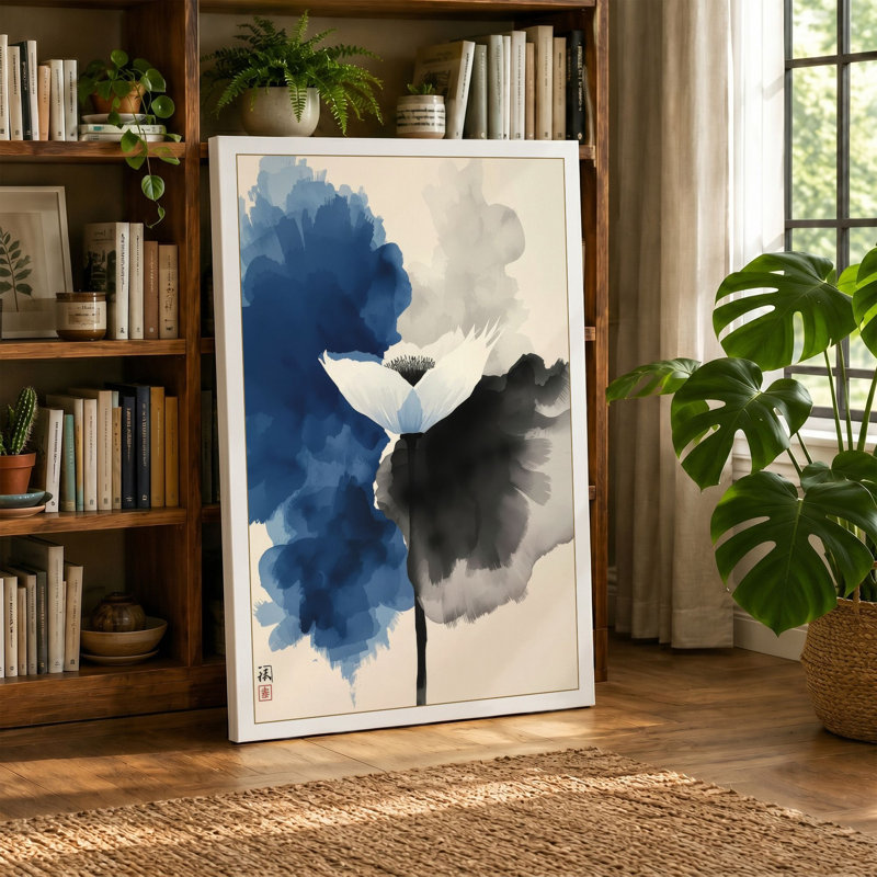 White Blossom in Ink Japandi - Wrapped Canvas, 30x20 - 76.2 x 50.8 cm, White Border