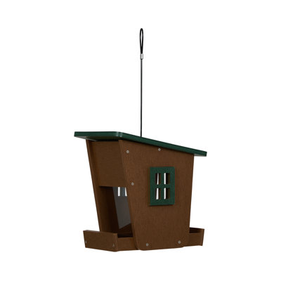 Modern Polywood House-Shaped Hanging Bird Feeder – Decorative Outdoor Wild Bird Seed Feeder with Sloped Roof, Perching Tray & Hanging Cable – Brown & Green