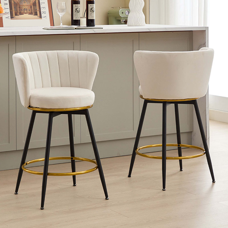 Counter Height Bar Stools Set of 2, 360° Swivel Upholstered Barstools with Backs and Metal Legs, 26" H Seat Height, Velvet Fabric,Goldy Footrest