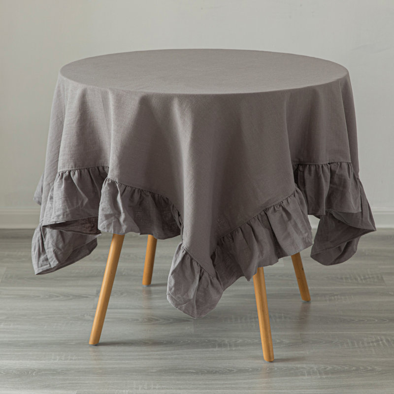 100% Pure Linen Washable Tablecloth With Ruffle Trim, Gray, 70" L x 70" W