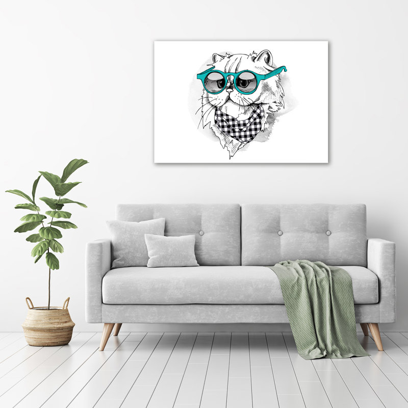 Glass Print Wall Art 100X70cm Image Printed On Glass Decorative Wall Picture Behind Toughened / Tempered Safety Real Glass For Kitchen & Living Room Theme:Cat With Glasses