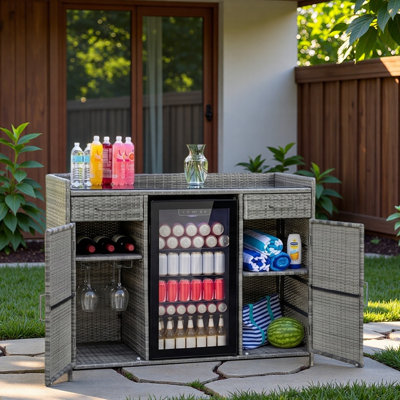 Outdoor Wicker Storage Cabinet With Black Tempered Glass Desktop, Fridge Space, 2 Glass Bottle Holders, 2 Large Drawers And Adjustable Shelves