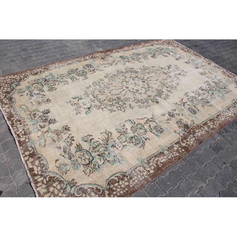 Grand tapis Oushak beige antique - Revêtement de sol oriental turc rétro pour le salon