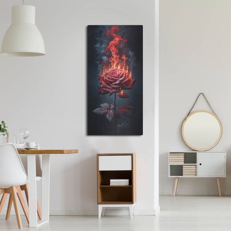 «Red Rose On Fire 3» par Rey Klimt, art mural en métal, H 48 po x l 24 po