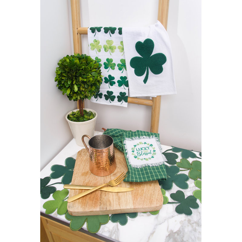 Shamrock Bouquet St. Patrick's Day Embroidered Kitchen Towel, Green/Orange/White Shamrock Bouquet