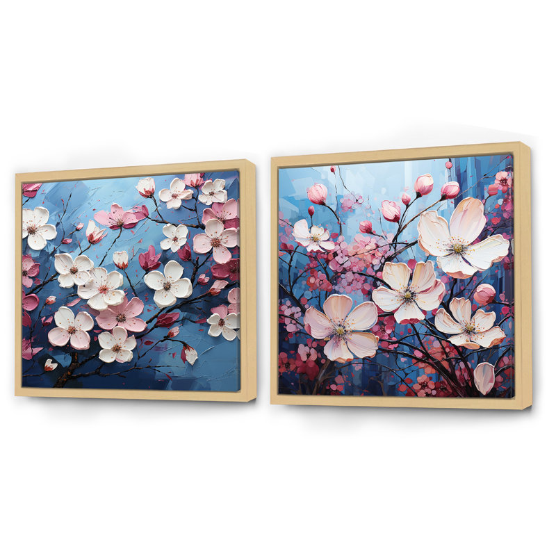Fleurs de cornouiller bleues et roses - ensemble de 2 collages carrés, Cadre flottant brun, H 30 po x l 61 po