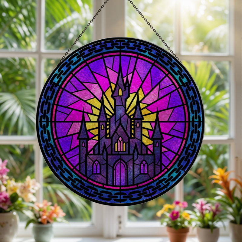 12"H Castle Stained Stained Glass Window Panel