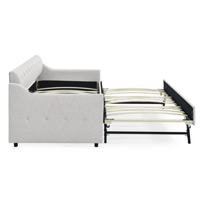 Twin Size Upholstery Daybed With Twin Size Erectable Trundle And USB Charging Design, Linen Beige
