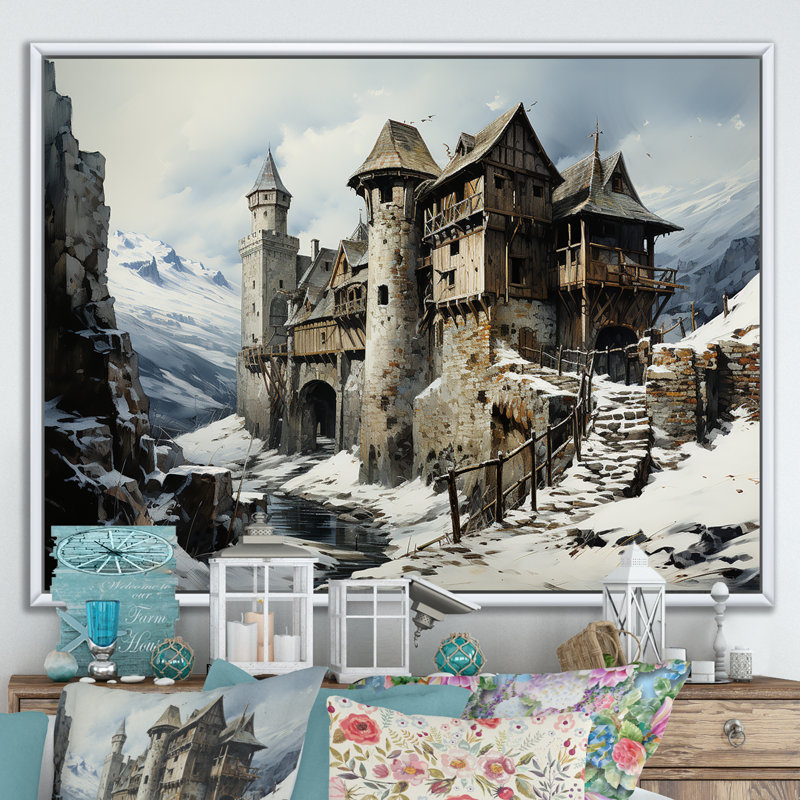 Mediaval Castle In Winter Charm I - Châteaux, art mural, Cadre flottant blanc, H 16 po x l 32 po x P 1 po
