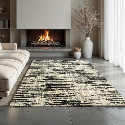 Loft Collection Shag Soft Rug Abstract Design Indoor Area Rug, Gray/Ivory Striped