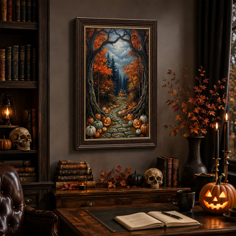 «Autumn Forest Path with Glowing Jack O Lanterns», art mural sur toile, H 18 po x l 12 po