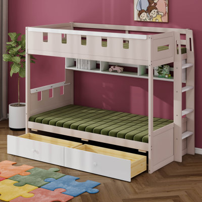 Lit superposé de style château avec 2 tiroirs, tablette et lumières DEL, lit superposé en bois avec tour et rangement intégré