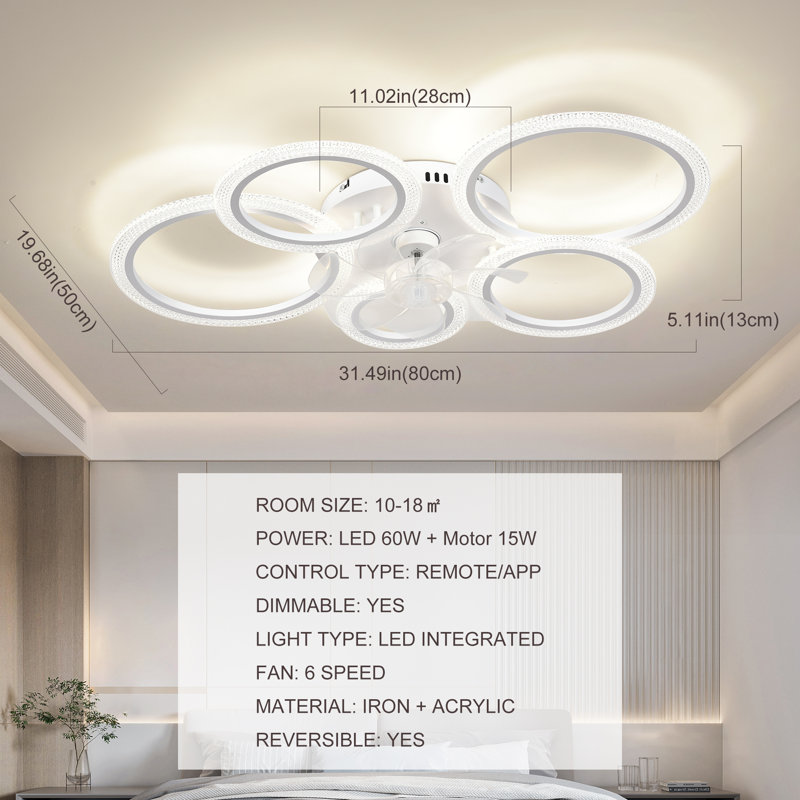 Ventilateur de plafond encastré à DEL à intensité variable et réversible de 31,49 po à 6 vitesses avec télécommande et application Debrann