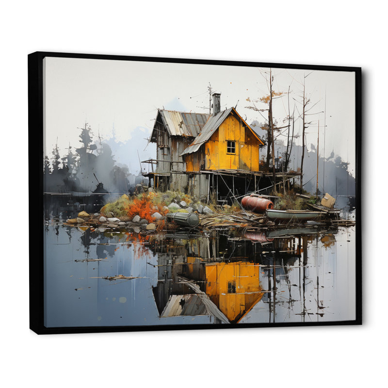 " Yellow Lakehouse Pier Reflections II ", Black Floater Framed, 16" H x 32" W x 1" D