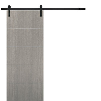 Sliding Barn Door with Hardware Planum 0020 Grey Oak 6.6FT Rail Hangers Sturdy Set Modern Solid Panel Interior Doors-30" x 84"-Black Rail