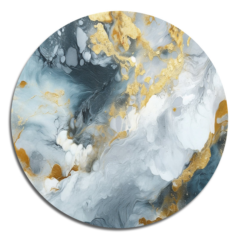 Encre liquide grise et dorée II, art abstrait en métal rond, H 23 po x l 23 po