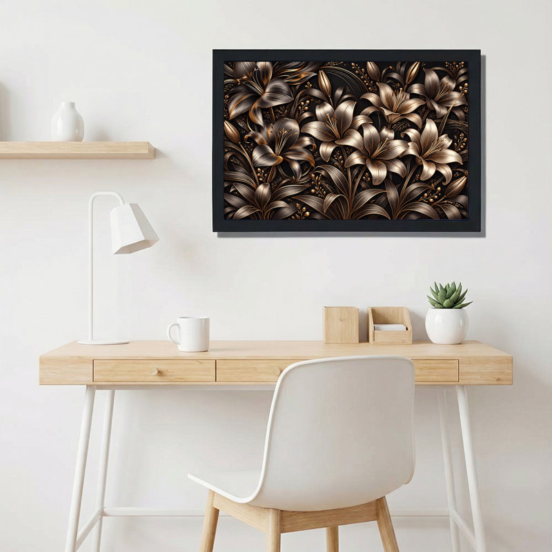 Art mural sur toile, lis métalliques bronze sur fond foncé, 24"H x 36"W