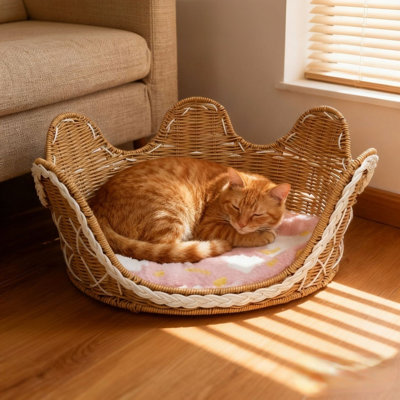 Lit pour chat et chien en osier tissé à la main avec rebord surélevé, canapé confortable en rotin