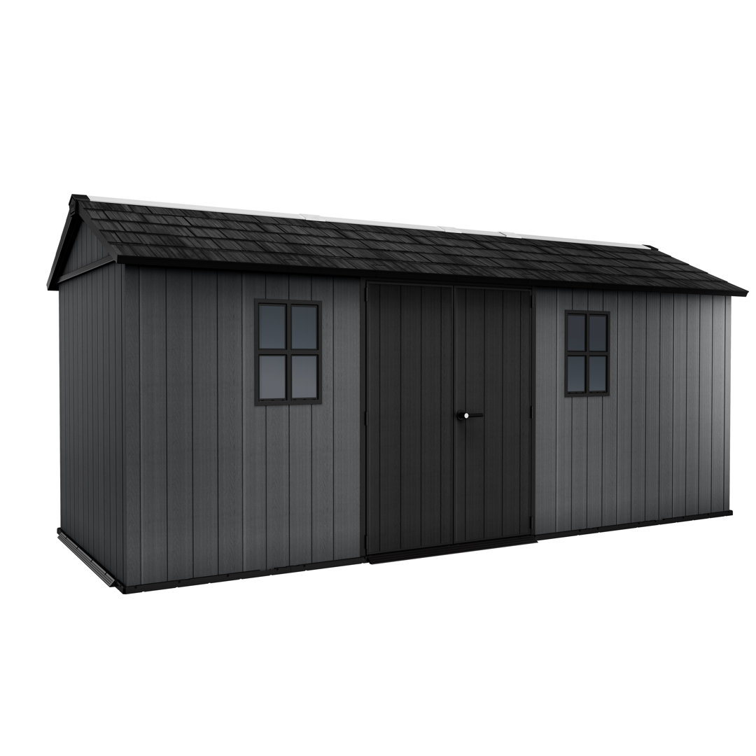 Keter Newton Plus Durable Resin Outdoor Storage Shed With Floor and Double Doors for Garden Patio Furniture and Tools, Graphite Grey (6 Available Sizes) Keter