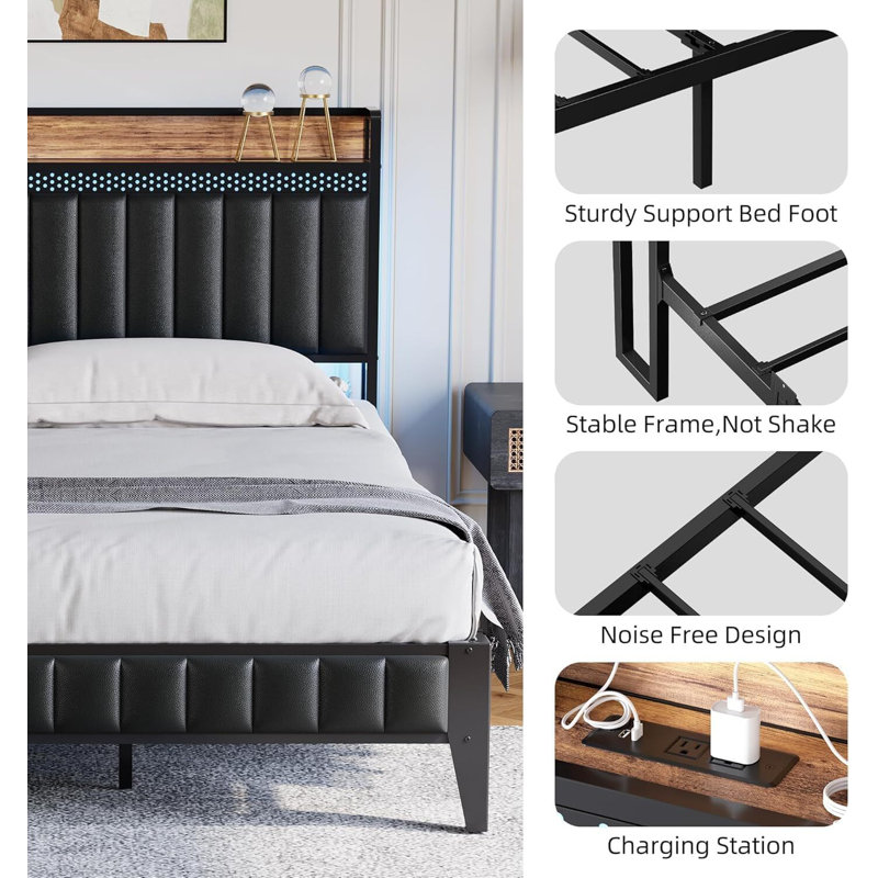 Bed Frame With LED Light And Charging Station, With Storage Headboard, Queen, Black