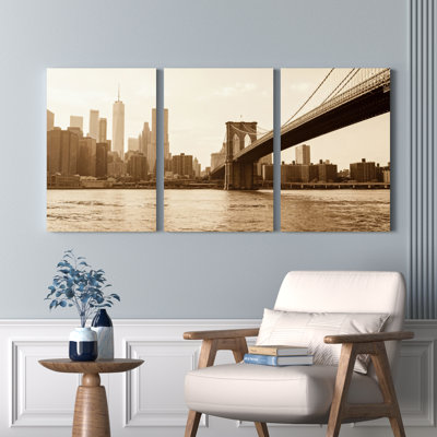 New York City Skyline with Brooklyn Bridge Sepia Tone Canvas Wrapped Wall Art Set of 3