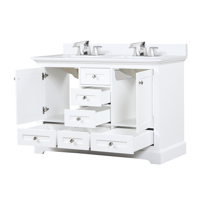 Meuble-lavabo double blanc 48 po P 22 po, comptoir en quartz, robinet et fonction de fermeture en douceur avec comptoir