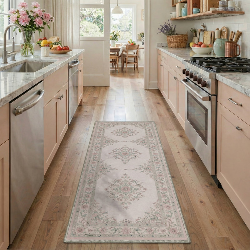 Veridian Floral Machine Washable Pink / Green Indoor Area Rug with Non-Slip Backing, Runner 2' x 6'